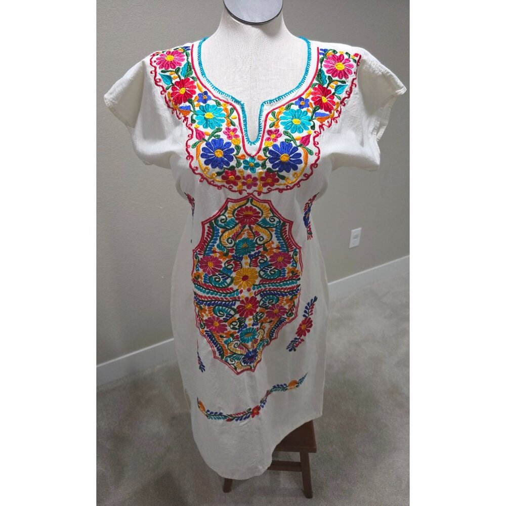 Mexican Embroidered Cotton Tunic Dress With Floral Patterns White With Multicolo